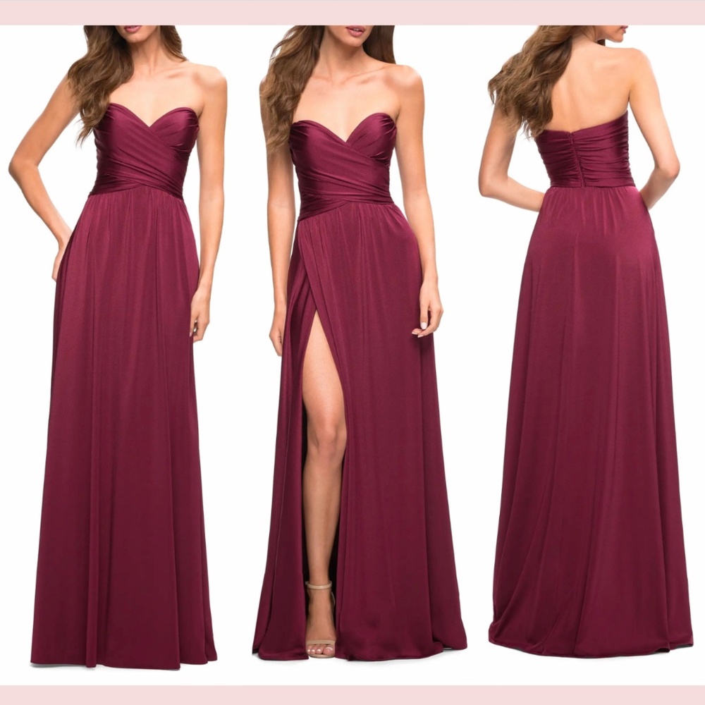 NEW $378 La Femme [ size 2 ] Shiny Strapless Jersey Gown‎ in Dark Berry